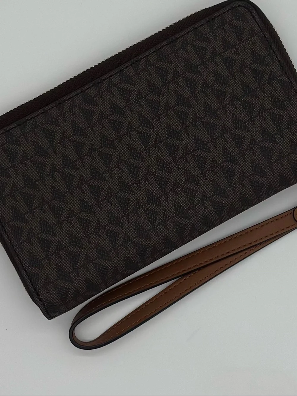Michael Kors Brown MK Logo Zip-Around Wristlet with Gold Hardware